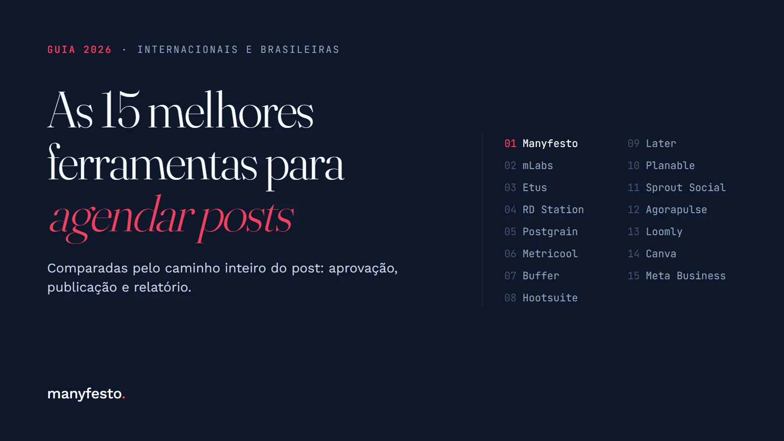 Capa do guia 2026: as 15 melhores ferramentas para agendar posts, com a lista numerada de Manyfesto a Meta Business Suite