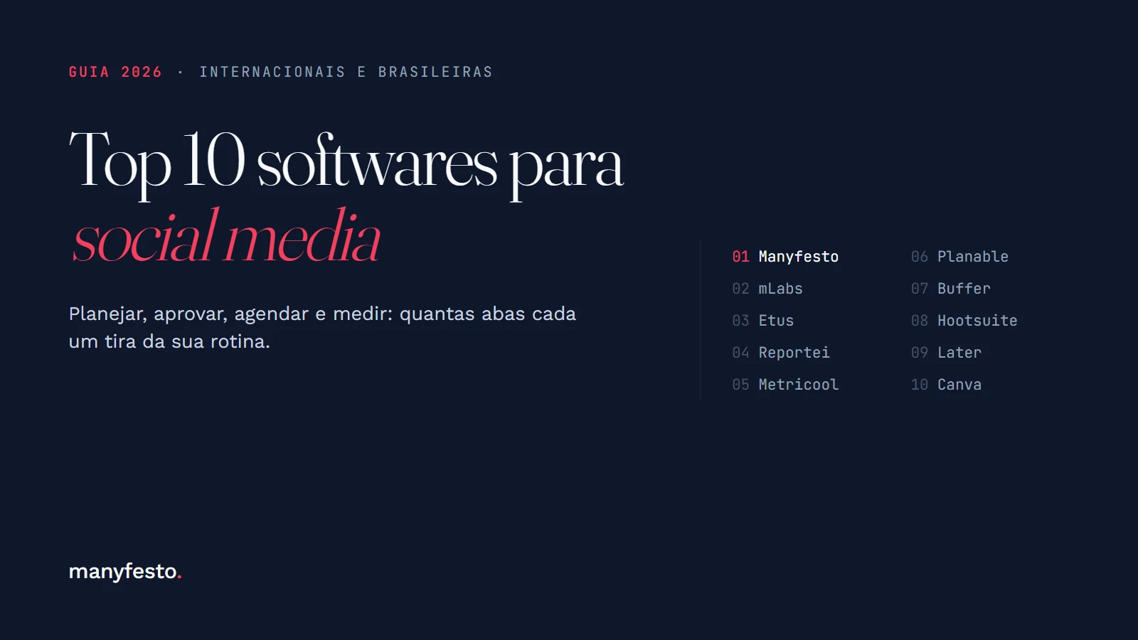 Capa do guia 2026: top 10 softwares para social media, com a lista numerada de Manyfesto a Canva