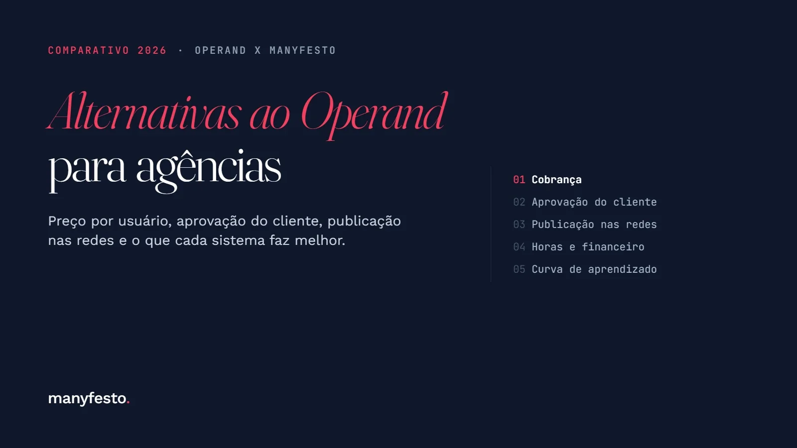 Capa do comparativo 2026: alternativas ao Operand, com os cinco pontos comparados entre Operand e Manyfesto