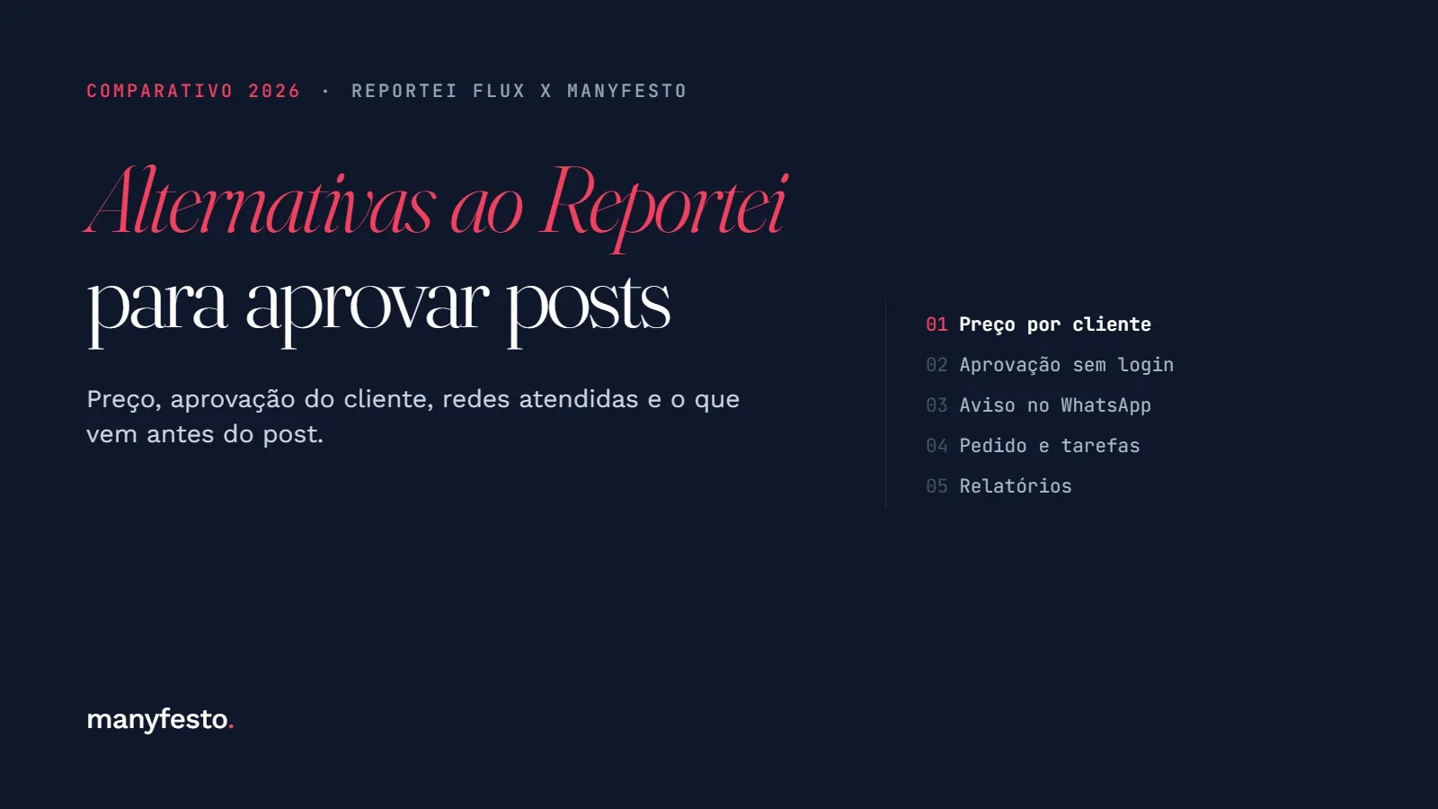 Capa do comparativo 2026: alternativas ao Reportei, com os cinco pontos comparados entre Reportei Flux e Manyfesto