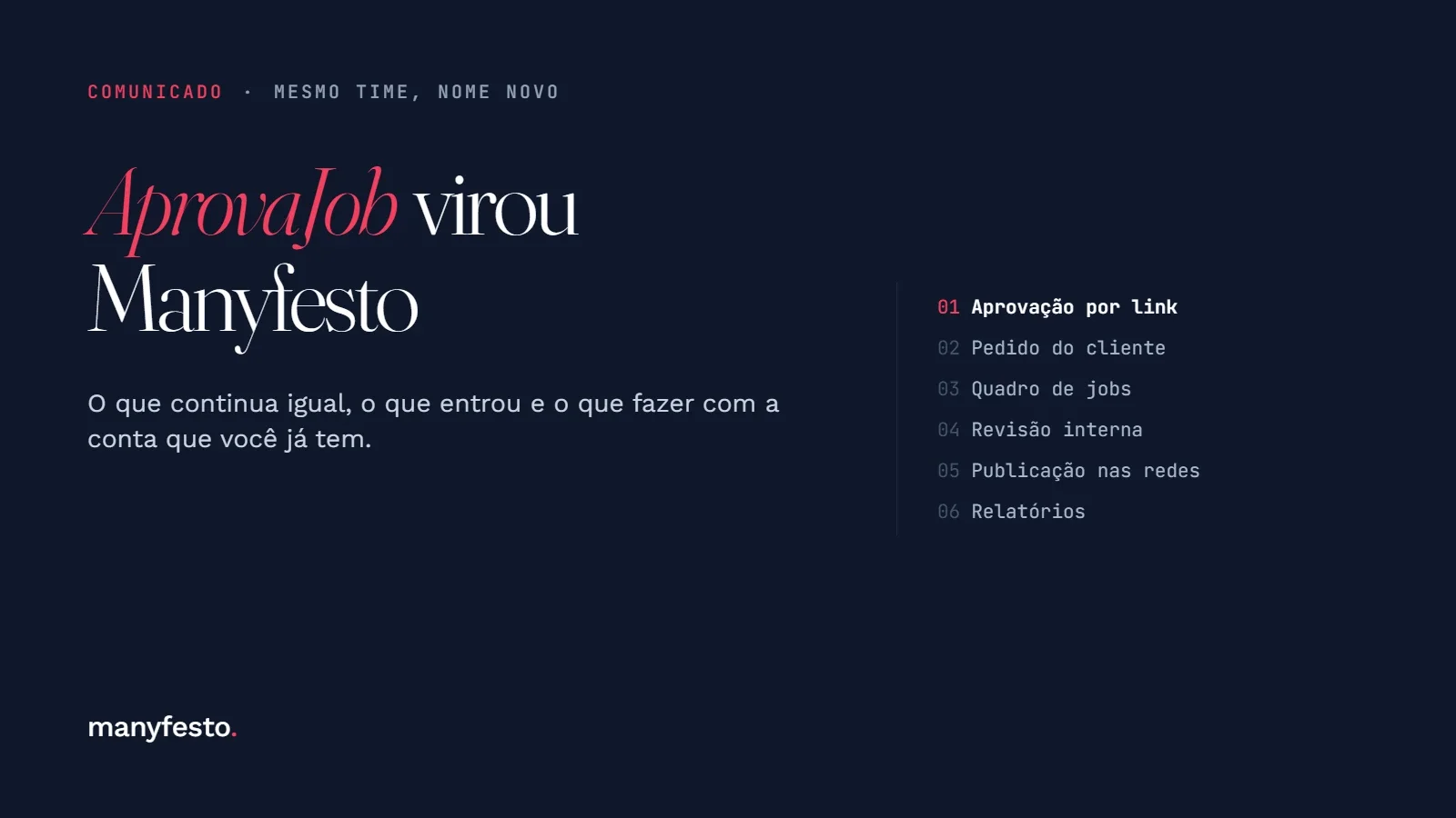 Capa do comunicado: AprovaJob virou Manyfesto, com a lista do que o sistema faz hoje, da aprovação por link à publicação nas redes
