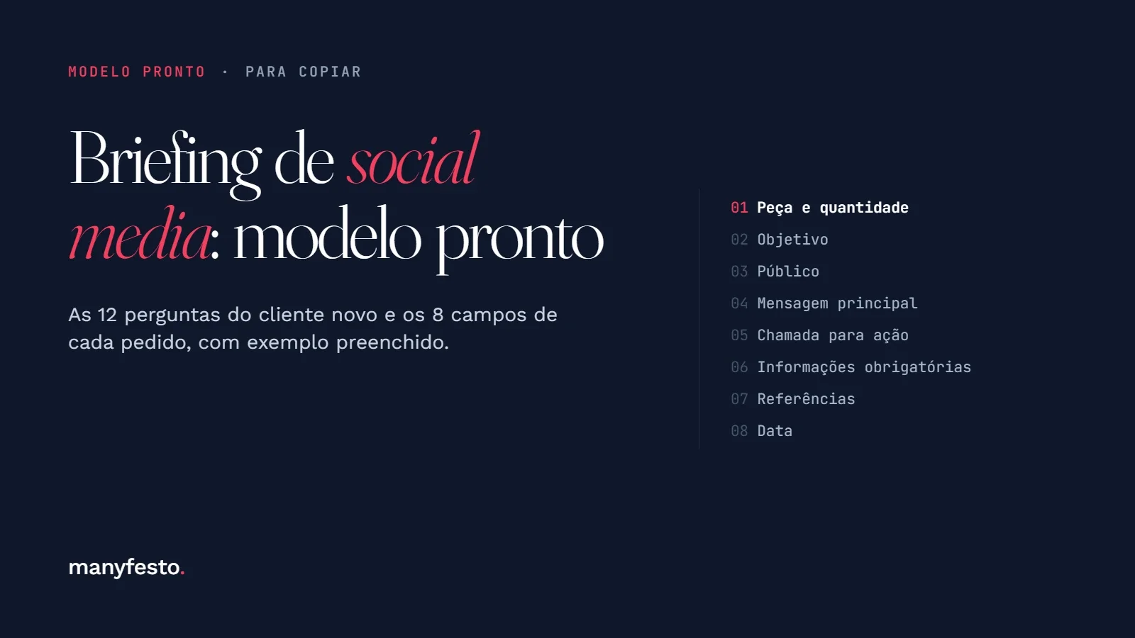 Capa do guia: modelo de briefing de social media, com as 12 perguntas do cliente novo e os 8 campos de cada pedido