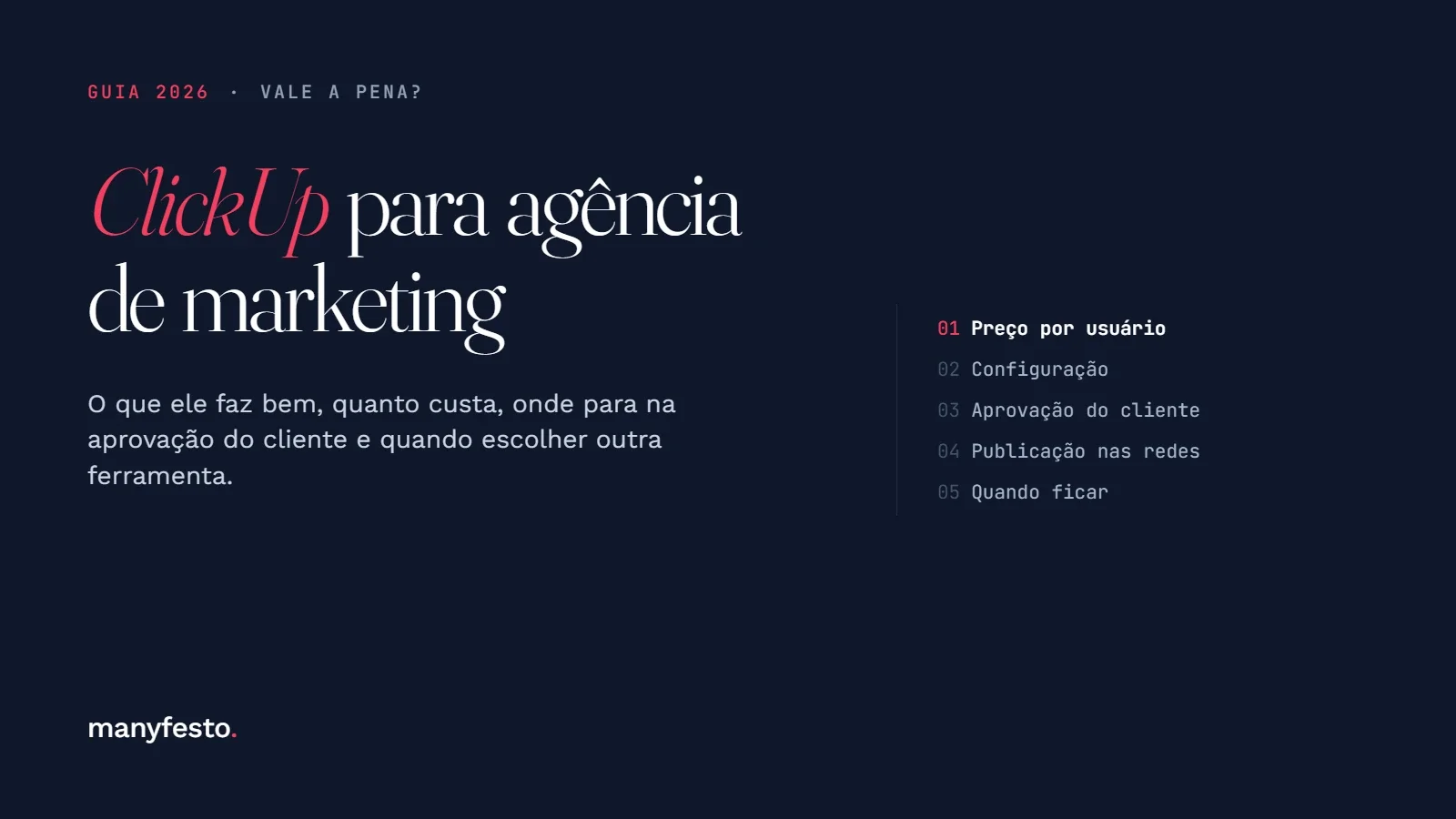 Capa do guia 2026: ClickUp para agência de marketing, com os cinco pontos avaliados