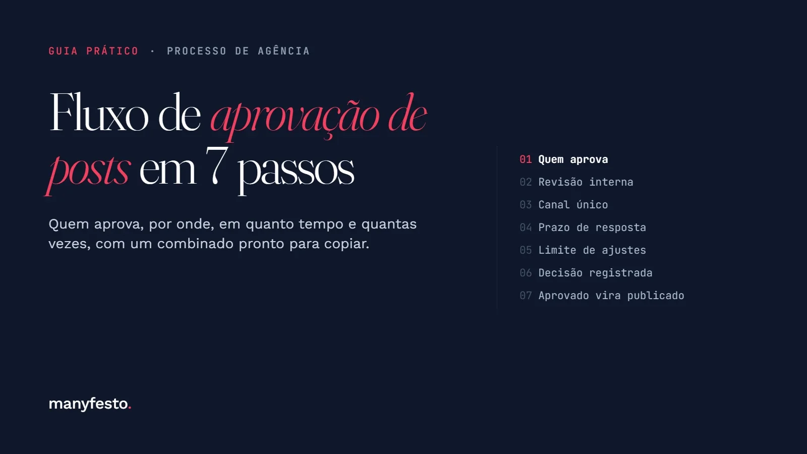 Capa do guia: fluxo de aprovação de posts em 7 passos, da produção à publicação