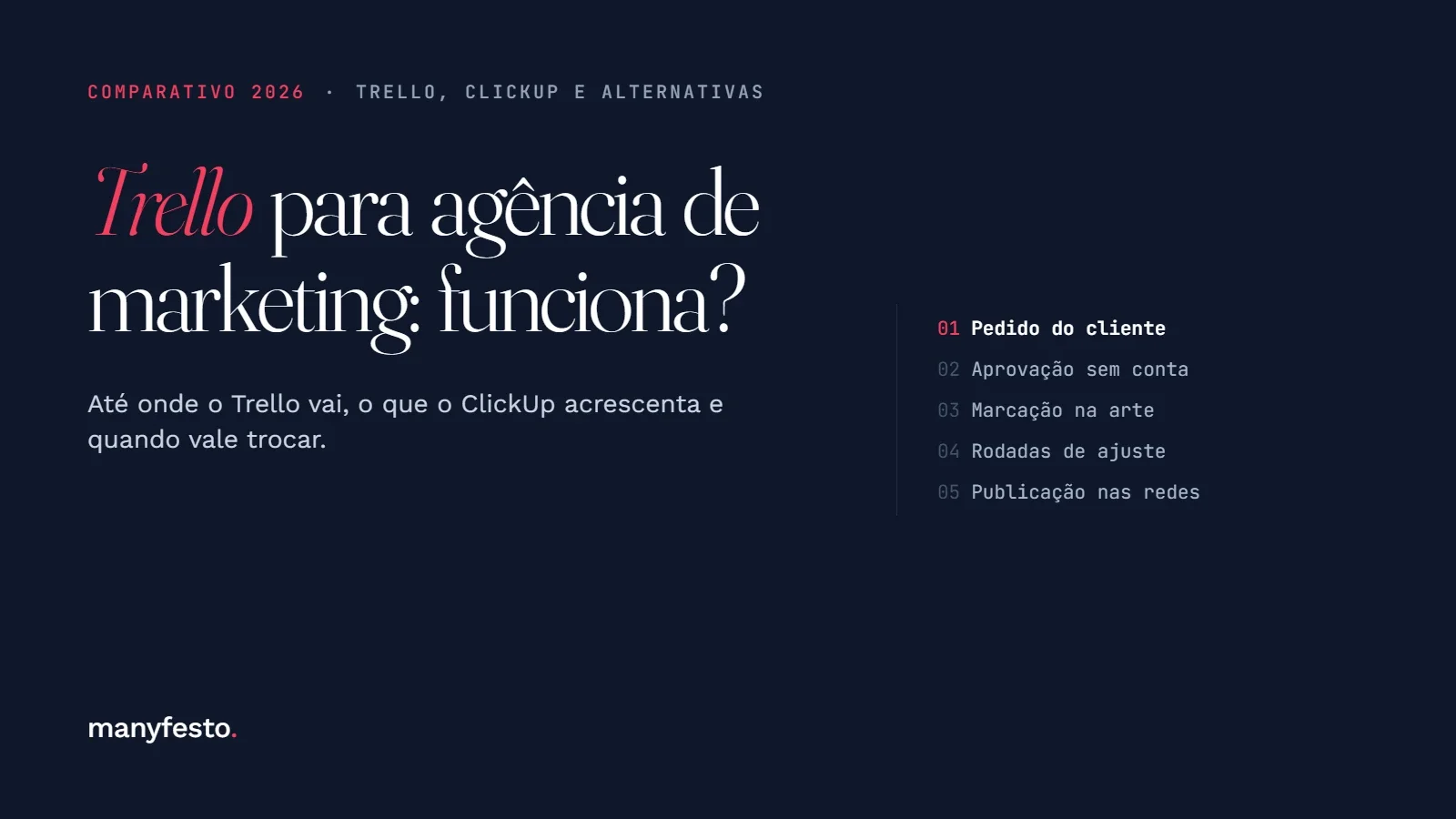 Capa do comparativo 2026: Trello, ClickUp e Manyfesto para agência de marketing